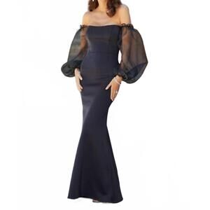 NEW MGNY bubble sleeve back slit dress in black